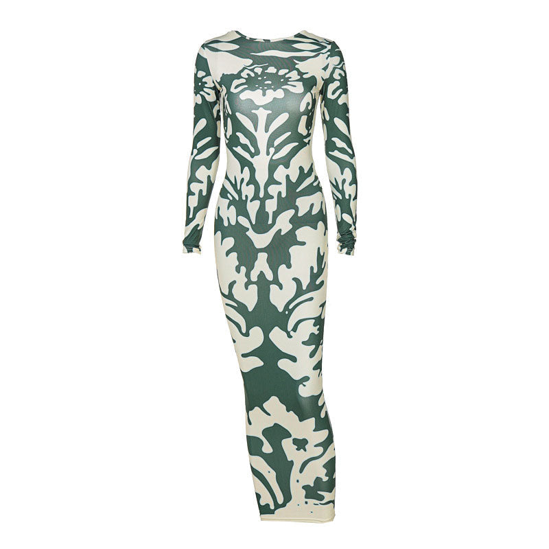 Mock Neck Long Sleeve Camo Print Open Back Maxi Dress 2