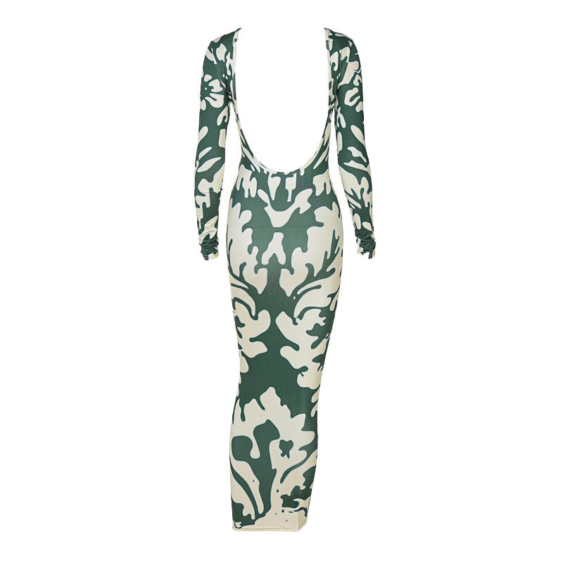 Mock Neck Long Sleeve Camo Print Open Back Maxi Dress 3