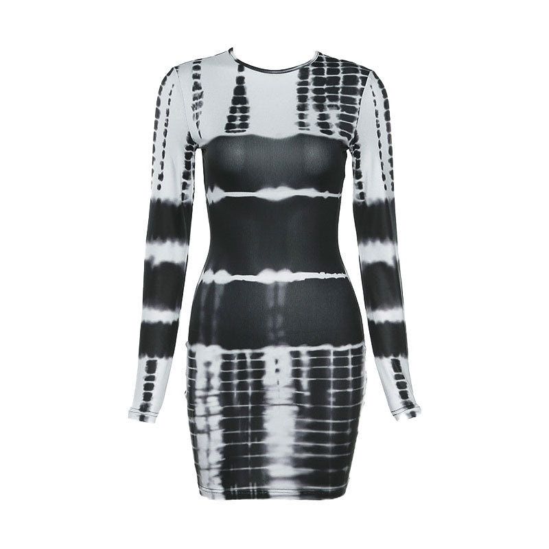 Crew Neck Long Sleeve Horizontal Tie Dye Bodycon Mini Dress 3
