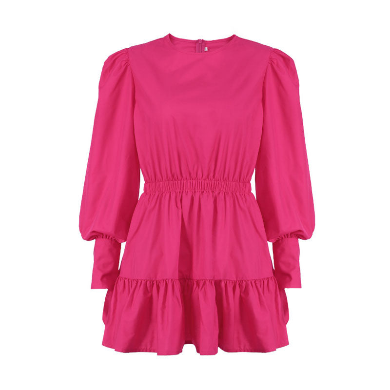 Crew Neck Balloon Sleeve Smocked Waist Ruffle Mini Dress 3