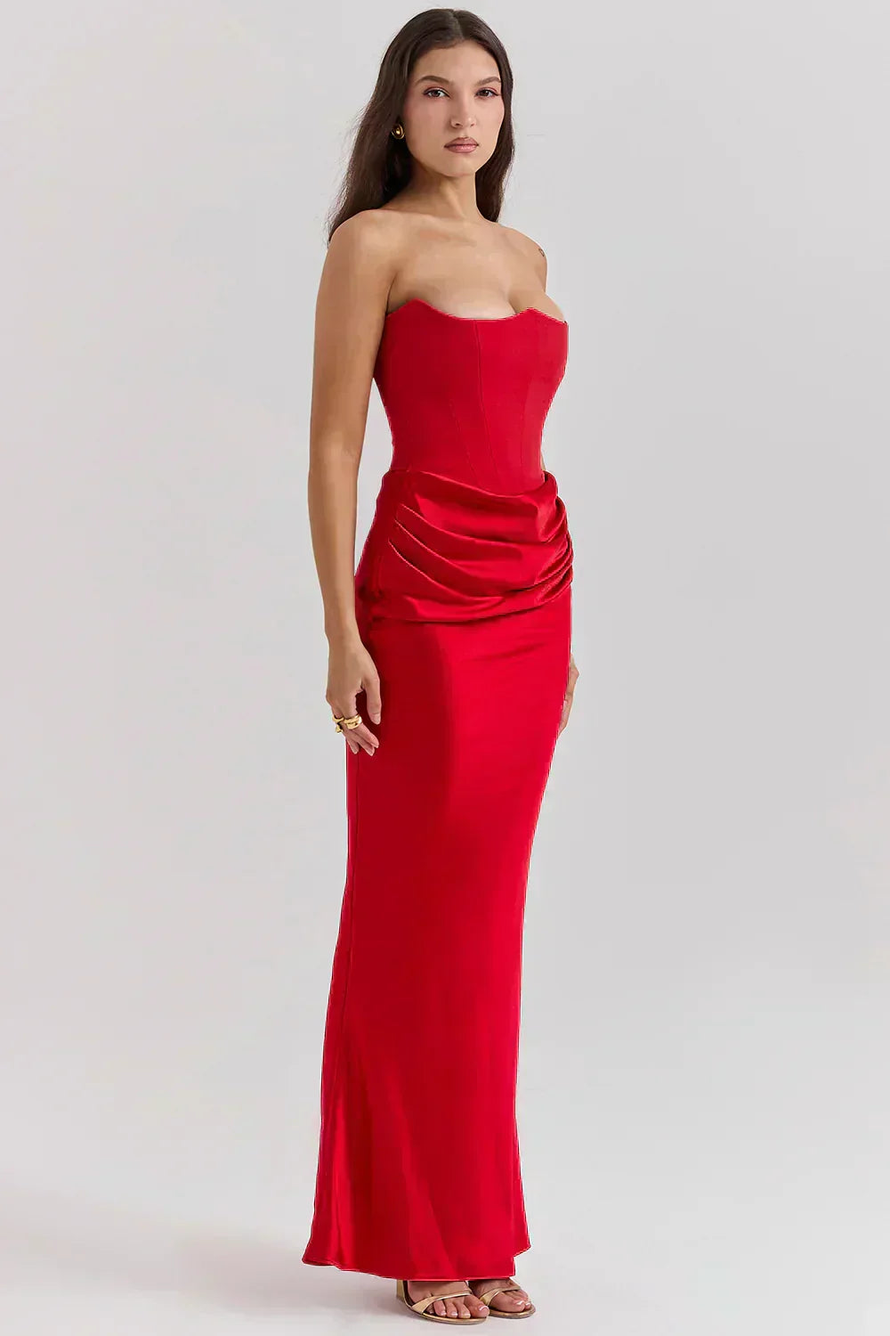 Strapless Pointed Neckline Hip Ruched Column Maxi Gown 11