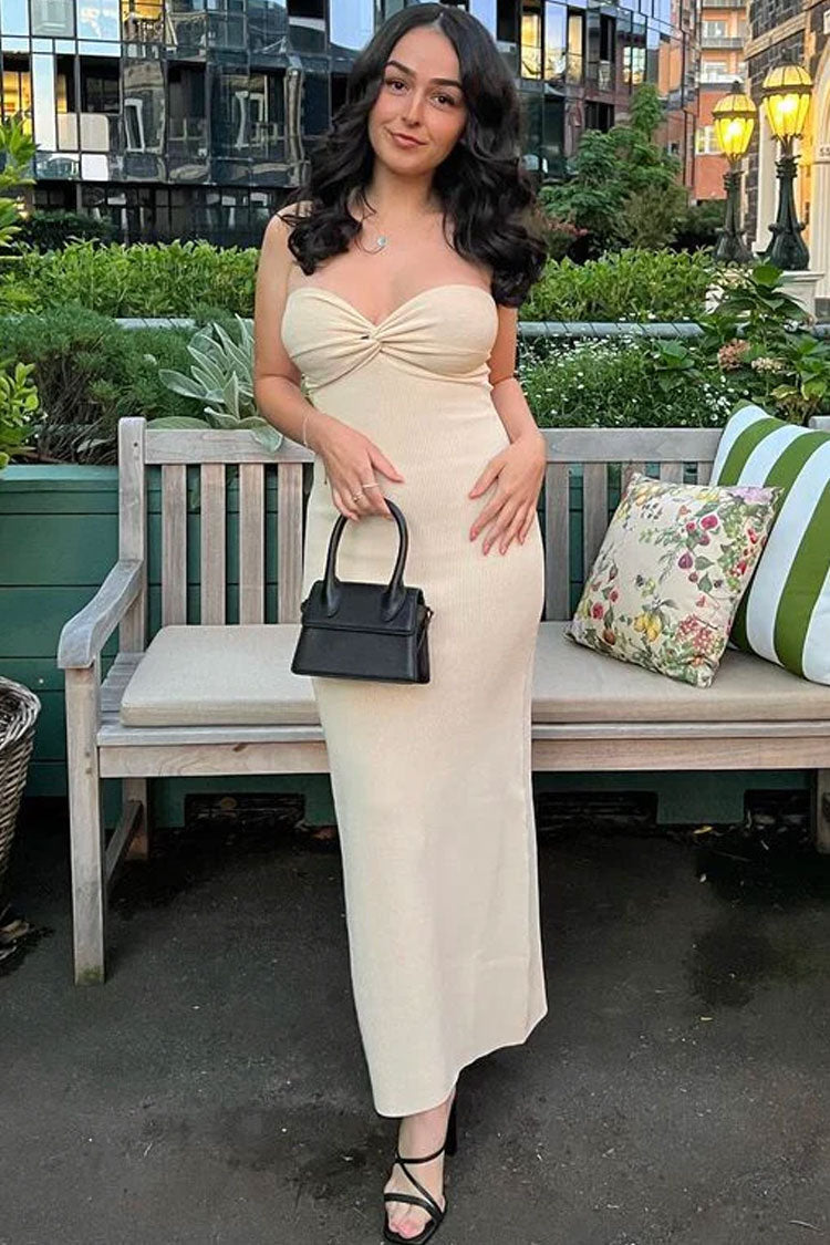 Strapless Ribbed Knit Twist Front Sweetheart Bodycon Maxi Dress 2
