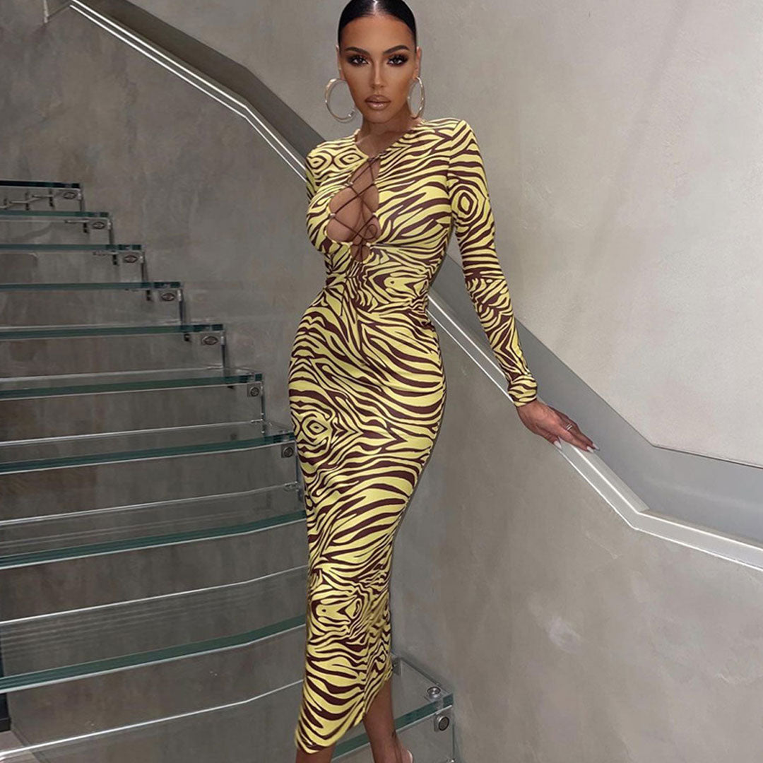 Crew Neck Lace Up Chest Cutout Print Long Sleeve Bodycon Midi Dress 2