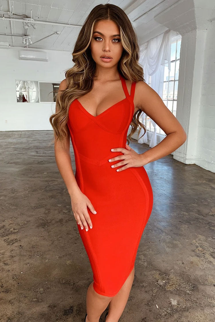 Bandage Deep V-Neck Halter Strap Panel Seam Bodycon Midi Cocktail Mini Dress 2