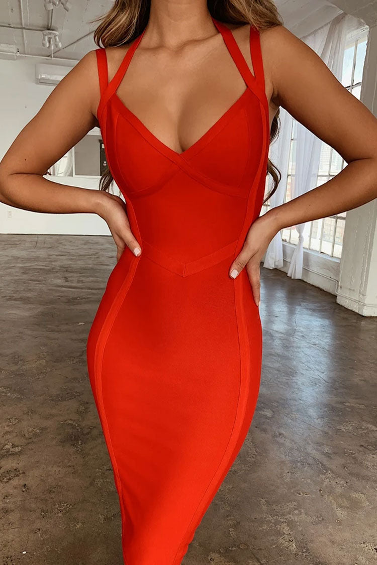 Bandage Deep V-Neck Halter Strap Panel Seam Bodycon Midi Cocktail Mini Dress 3