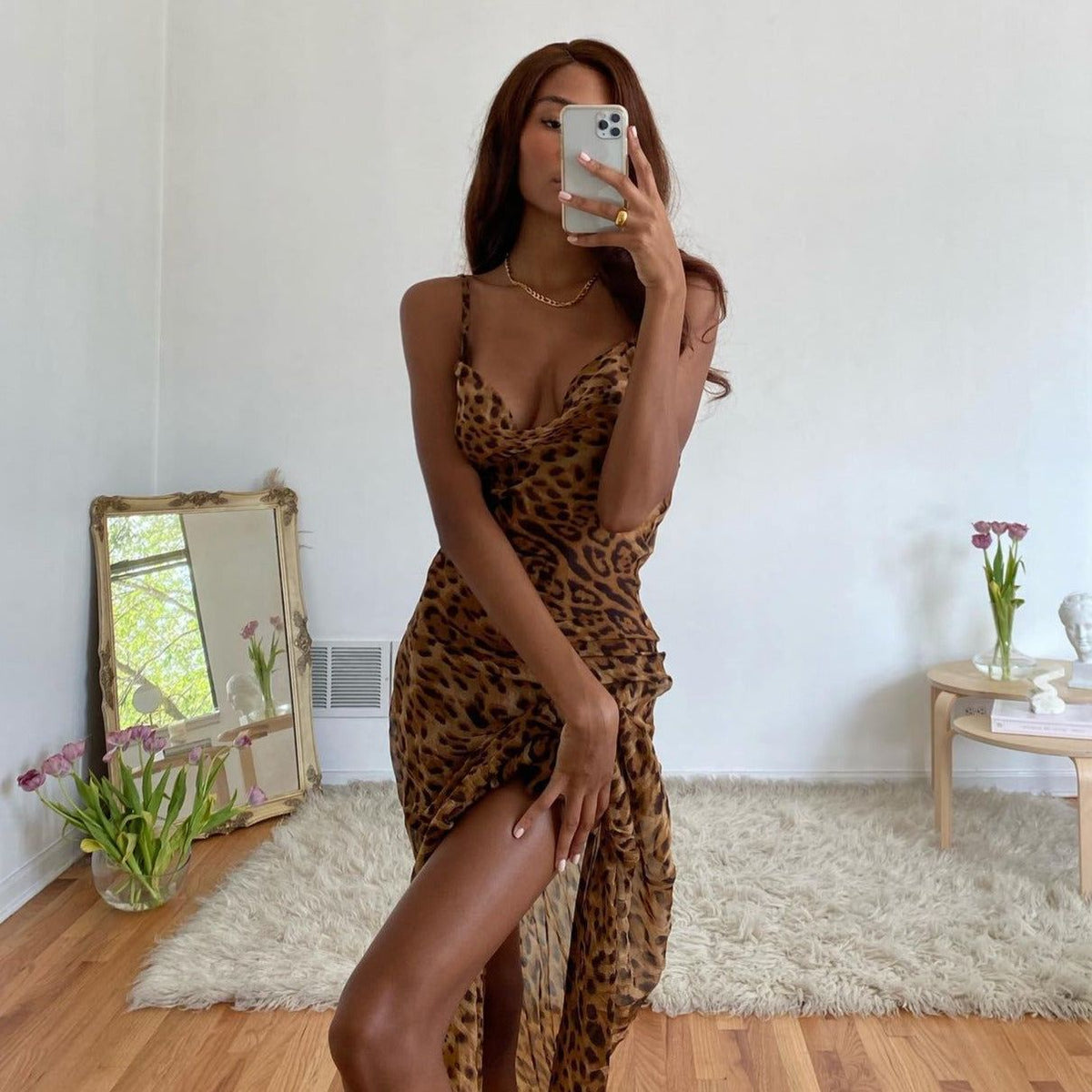 Deep V Neck Long Sleeve High Slit Satin Maxi Dress 2