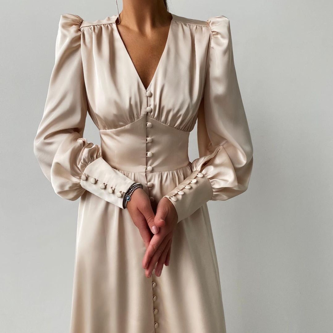 Lantern Sleeve Satin Wrap Midi Dress 3