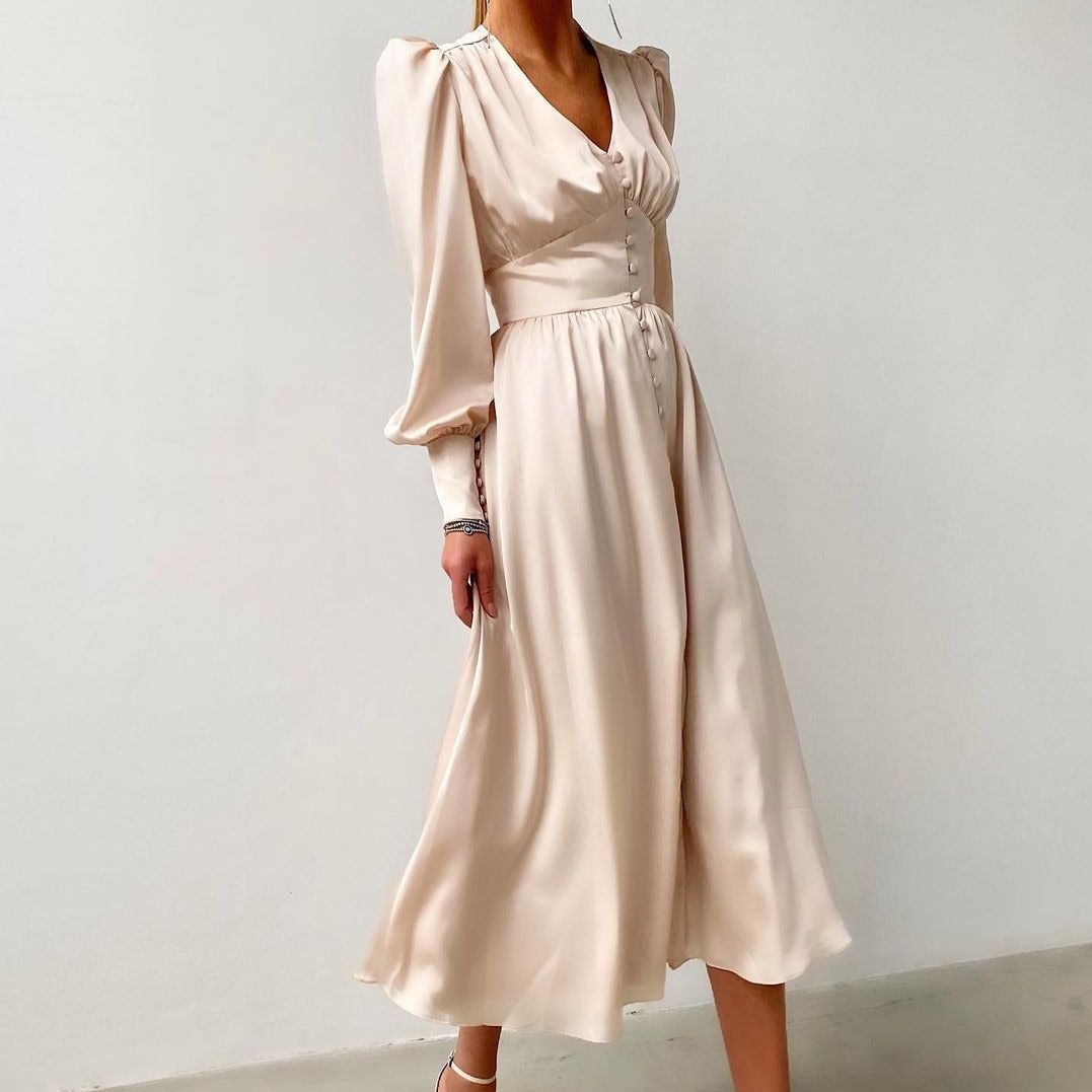 Lantern Sleeve Satin Wrap Midi Dress 5