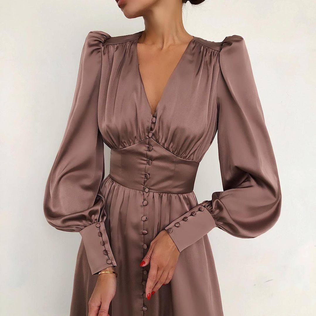 Lantern Sleeve Satin Wrap Midi Dress