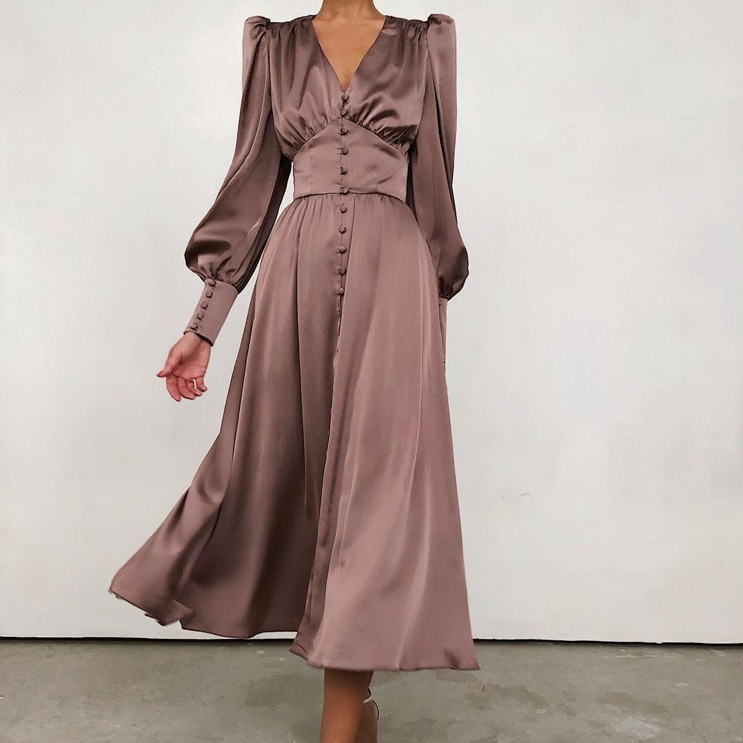 Lantern Sleeve Satin Wrap Midi Dress 2