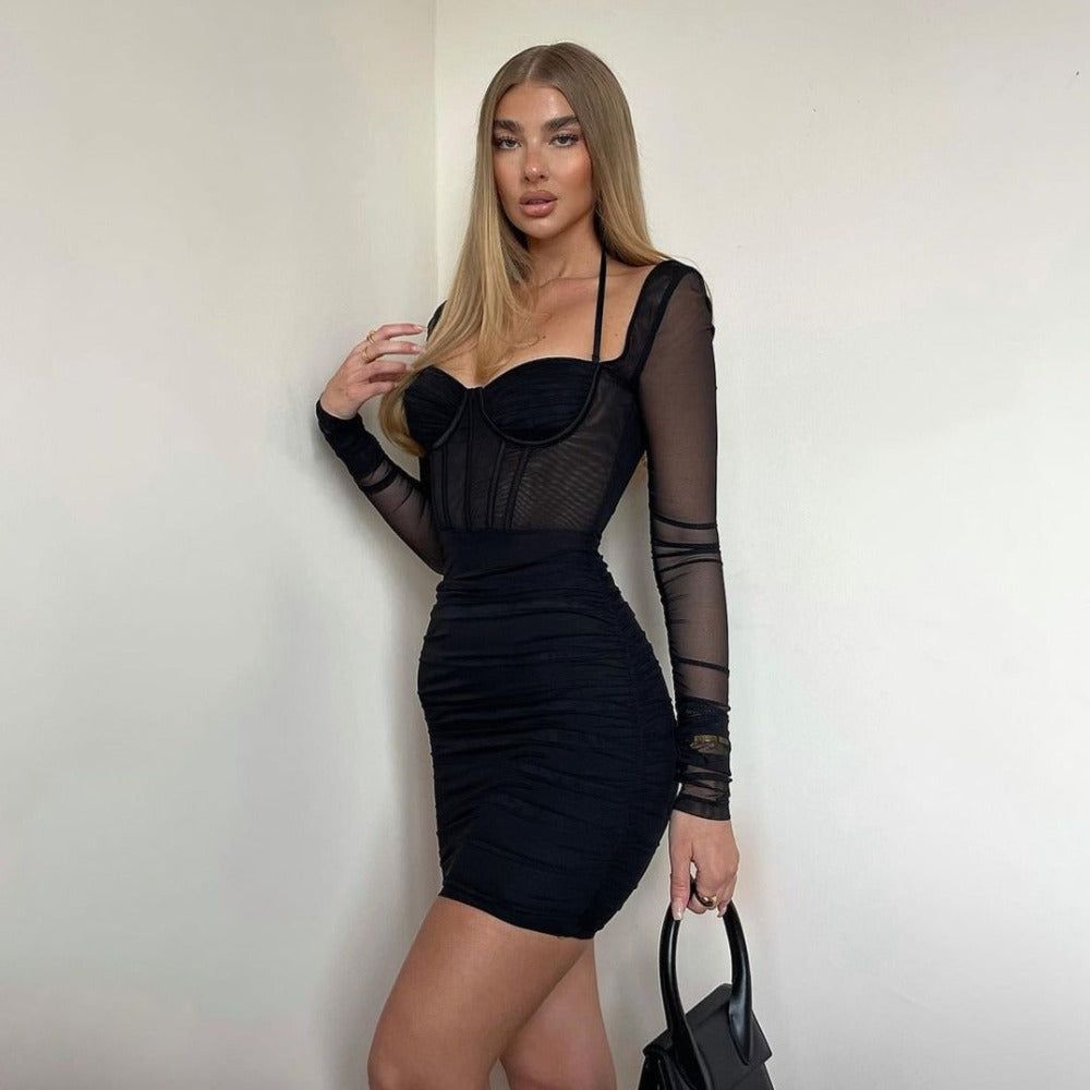 Halter Sweetheart Mesh Corset Bustier Off Shoulder Ruched Sleeve Bodycon Mini Dress 4
