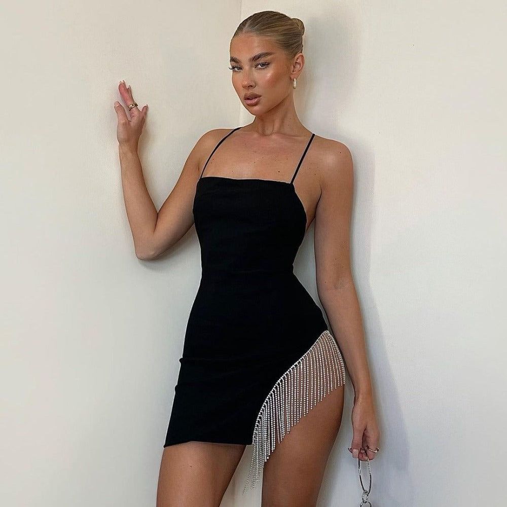 Rhinestone Fringe High Side Slit Spaghetti Strap Bodycon Mini Dress 6