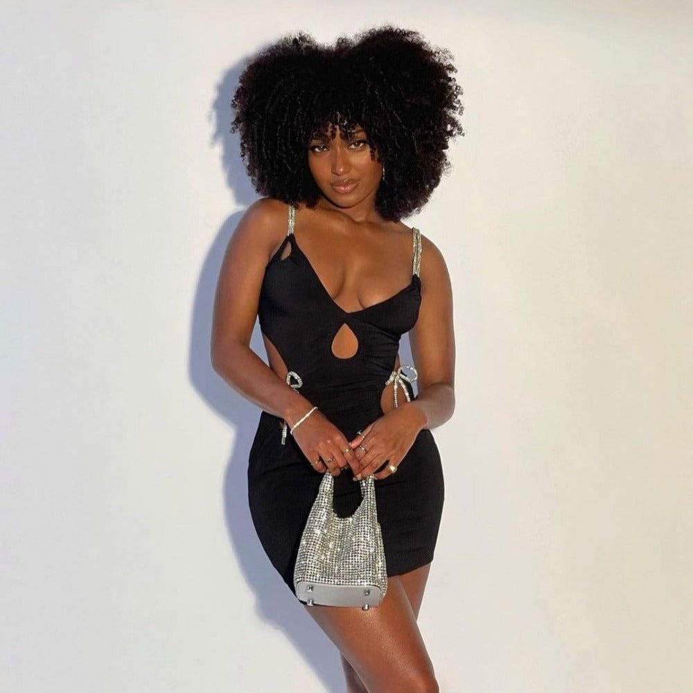 Square Neck Rhinestone Strap Cutout Bodycon Mini Dress