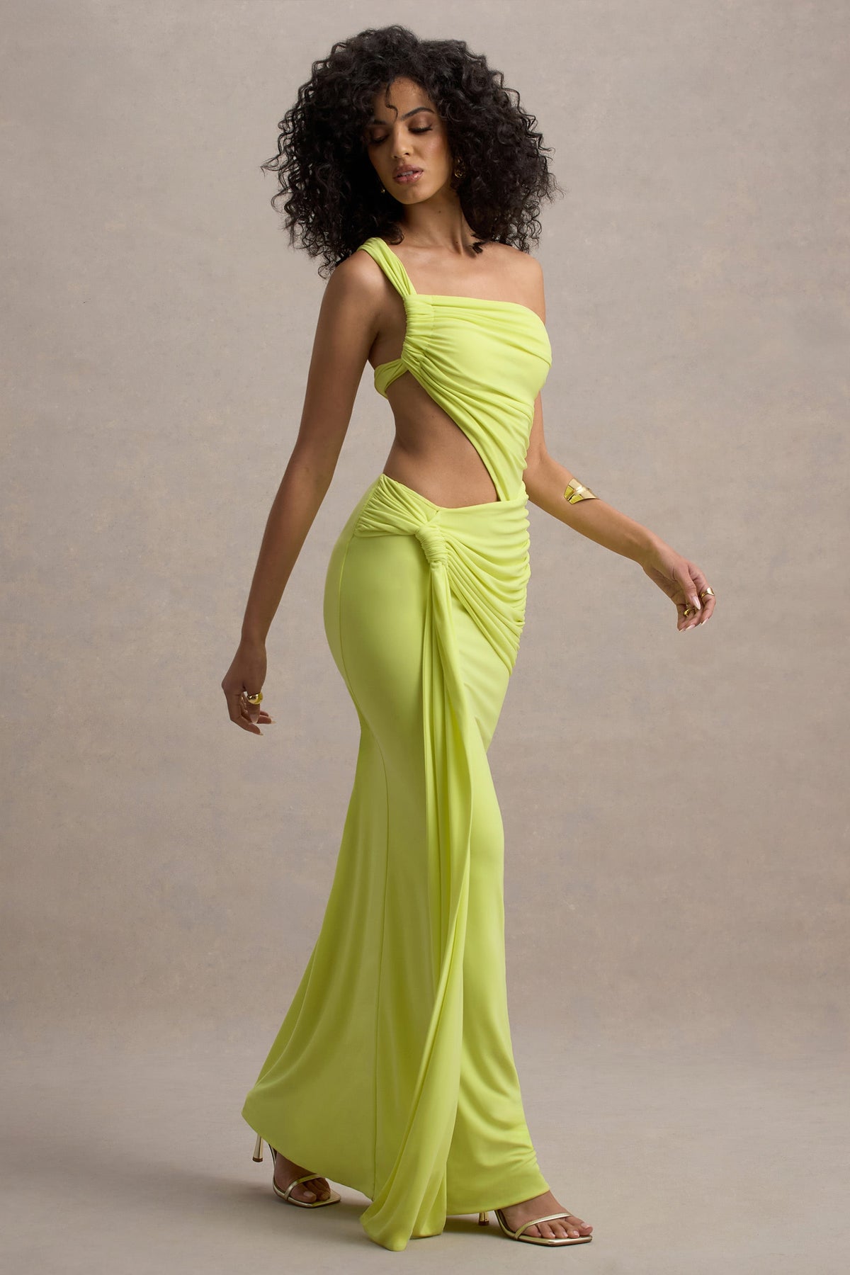 One Shoulder Ruched Side Cutout Hip Twist Drape Train Maxi Gown 2