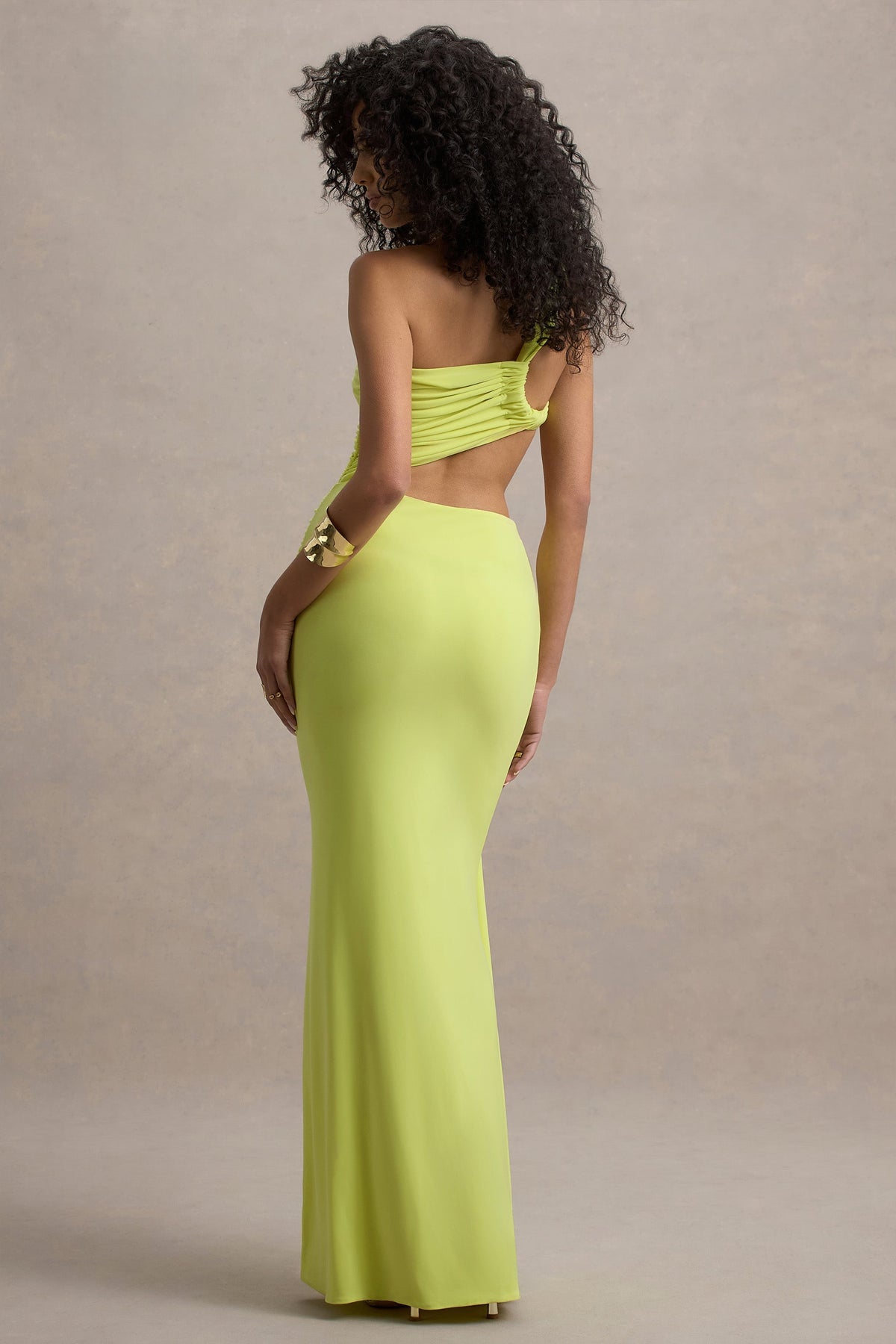 One Shoulder Ruched Side Cutout Hip Twist Drape Train Maxi Gown 3