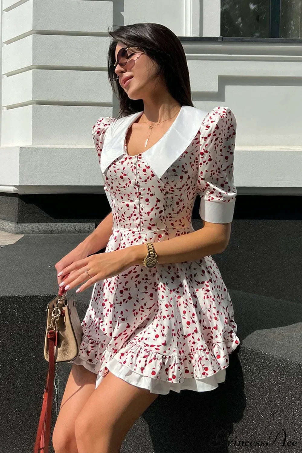 Print Peter Pan Collar Puff Sleeve Tiered Ruffle Babydoll Mini Dress