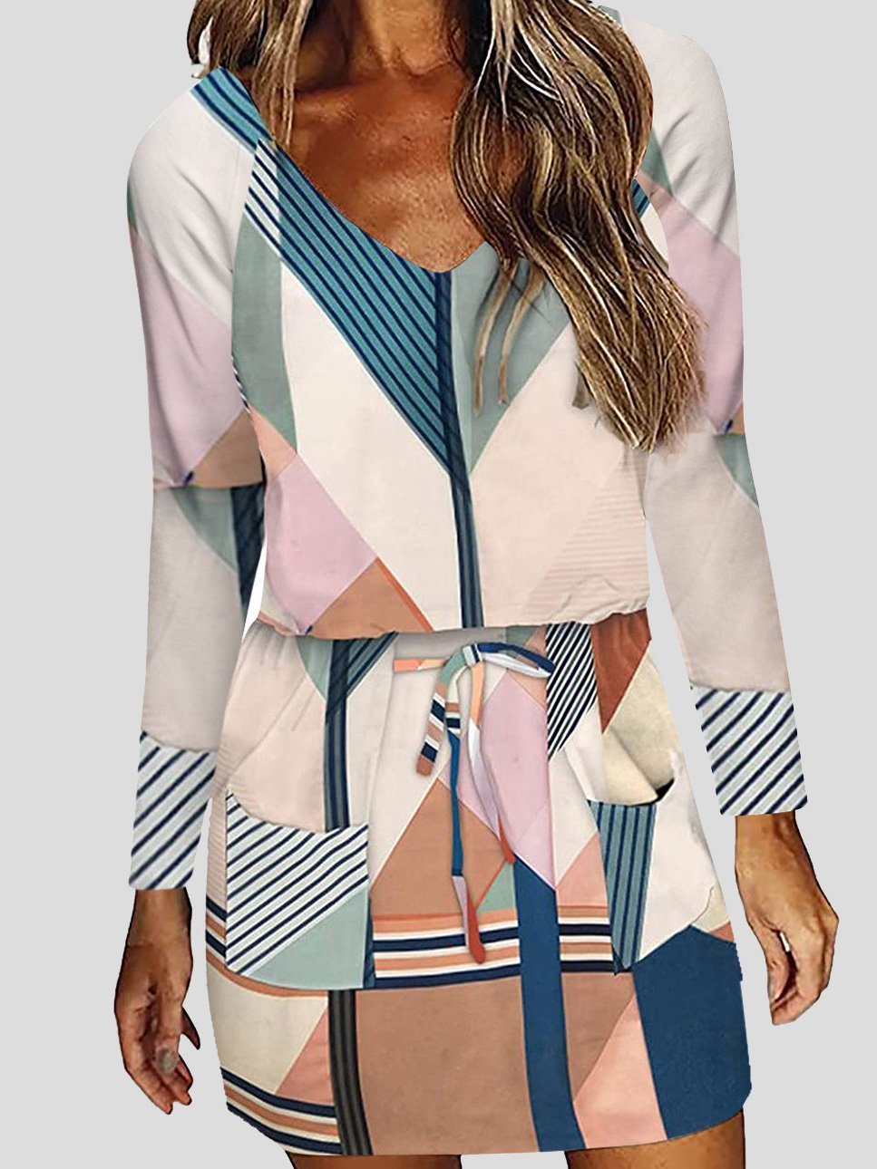 Geometric Print Drawstring Waist Patch Pocket Long Sleeve Mini Dress