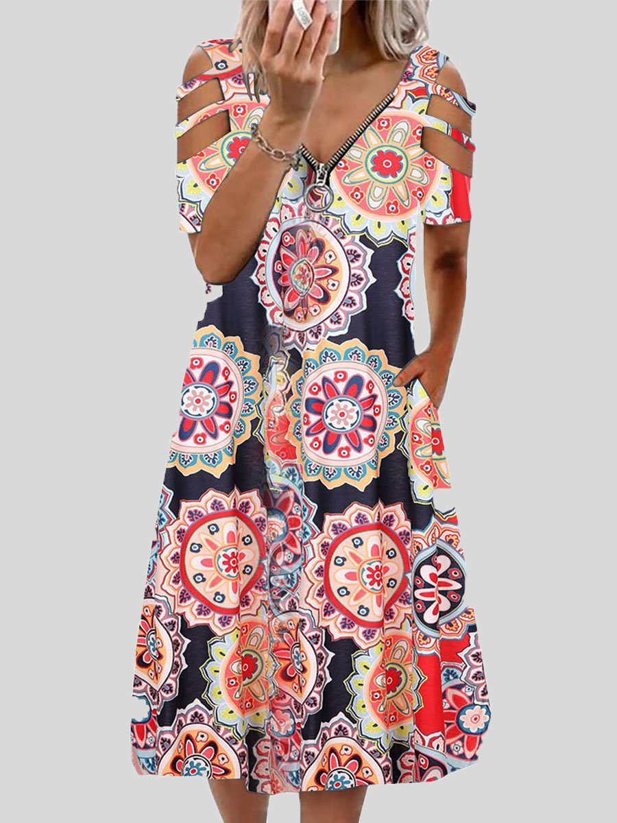 Mandala Print Zip Front Cold Shoulder Strap Midi Dress 4