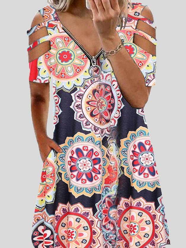 Mandala Print Zip Front Cold Shoulder Strap Midi Dress 6