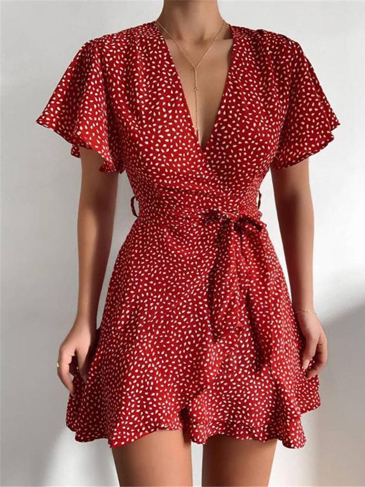 Satin Wrap V-Neck Flutter Sleeve Belt Tie Ruffle Hem Mini Dress 7