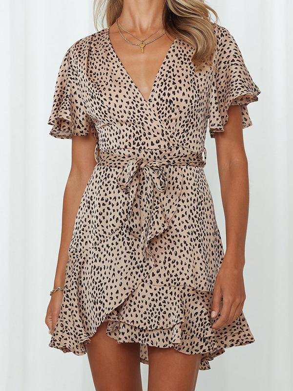 Satin Wrap V-Neck Flutter Sleeve Belt Tie Ruffle Hem Mini Dress 4