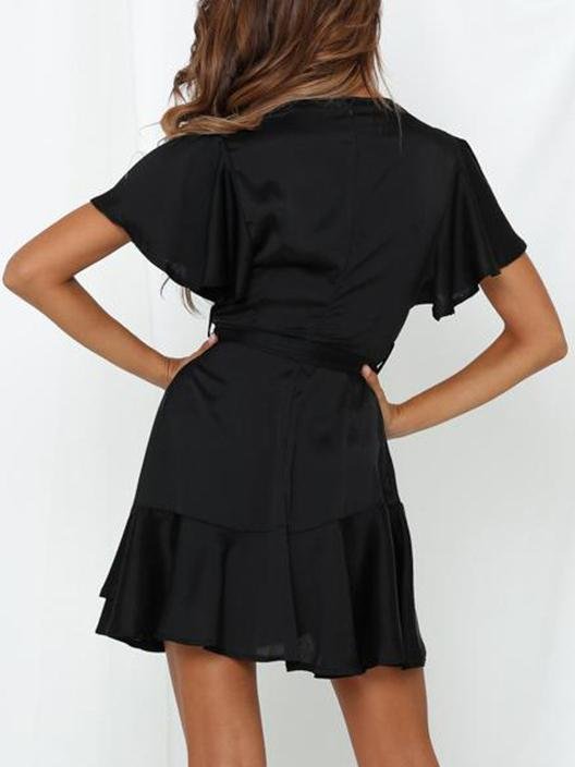 Satin Wrap V-Neck Flutter Sleeve Belt Tie Ruffle Hem Mini Dress 3