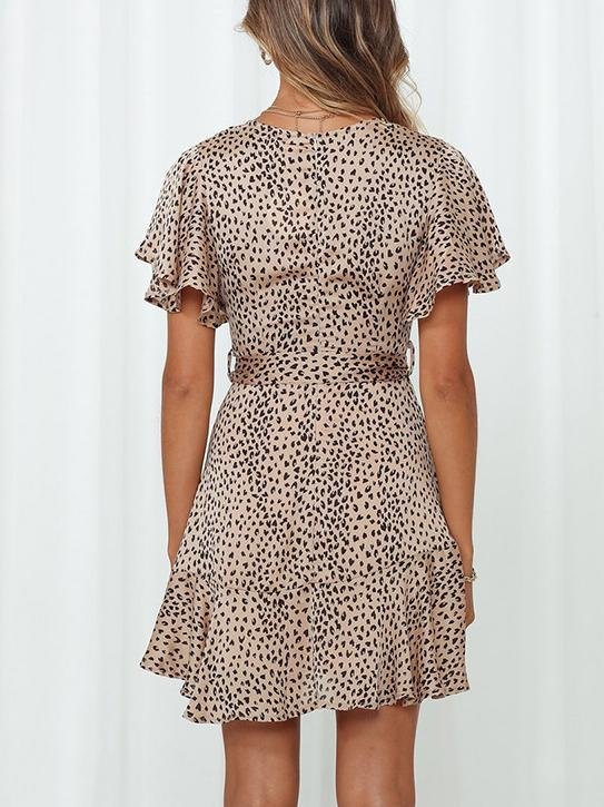 Satin Wrap V-Neck Flutter Sleeve Belt Tie Ruffle Hem Mini Dress 6