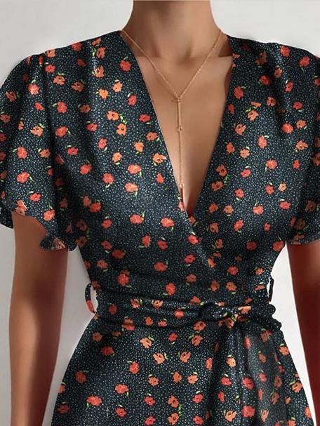 Satin Wrap V-Neck Flutter Sleeve Belt Tie Ruffle Hem Mini Dress 12