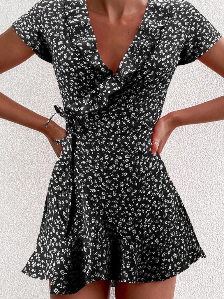 Ditsy Floral Print Ruffle Trim Deep V Neck Lace Up Wrap Mini Dress