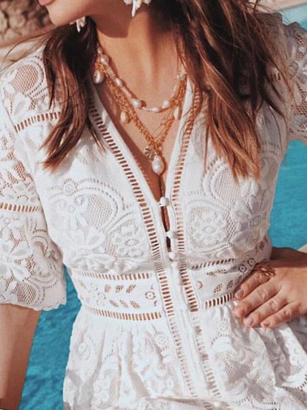 Lace V-Neck Button Front Bell Sleeve Hollow-Out Trim A-Line Midi Dress 6