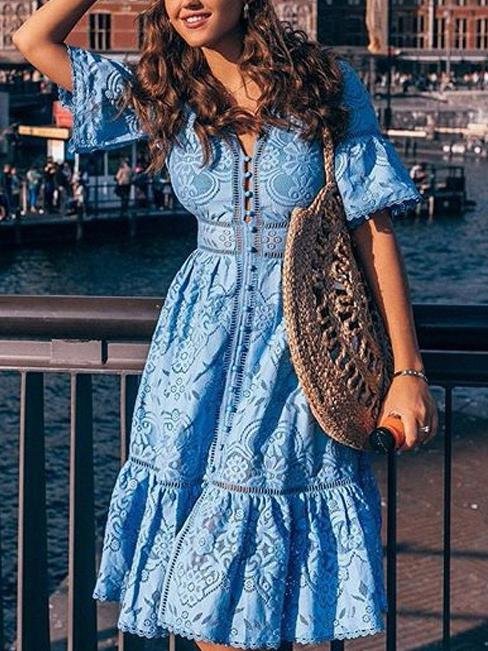 Lace V-Neck Button Front Bell Sleeve Hollow-Out Trim A-Line Midi Dress 3