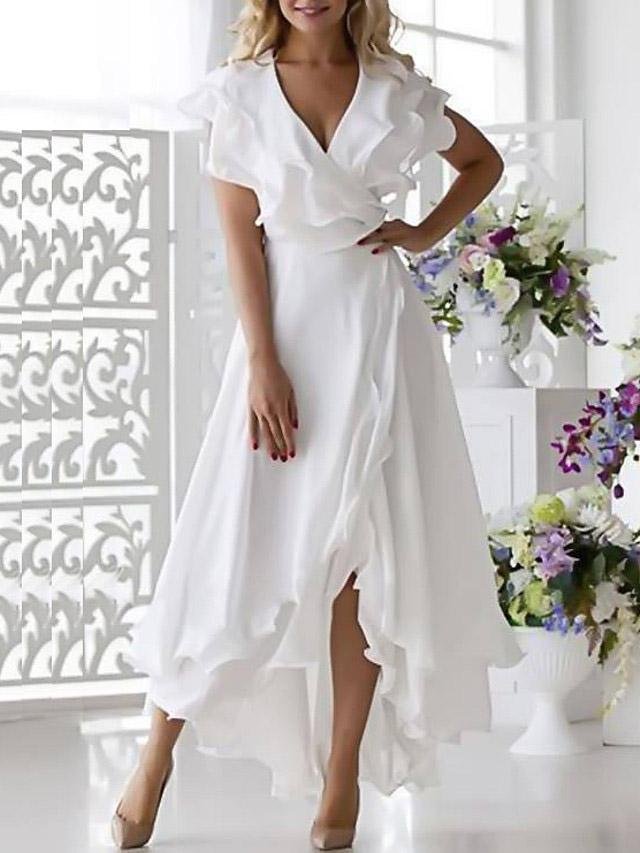Chiffon Deep V-Neck Ruffle Trim Flutter Sleeve Wrap High Low Midi Dress 2