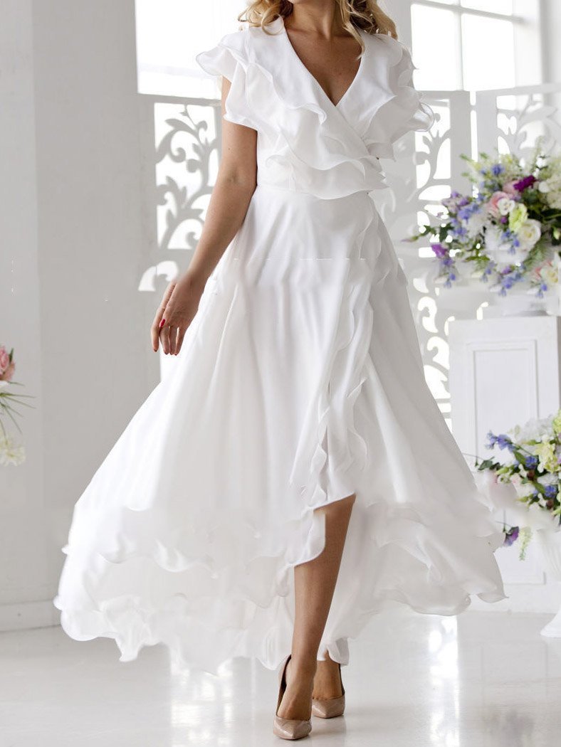 Chiffon Deep V-Neck Ruffle Trim Flutter Sleeve Wrap High Low Midi Dress 4