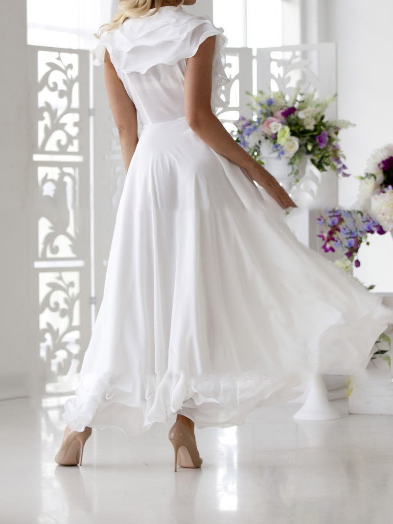 Chiffon Deep V-Neck Ruffle Trim Flutter Sleeve Wrap High Low Midi Dress 6