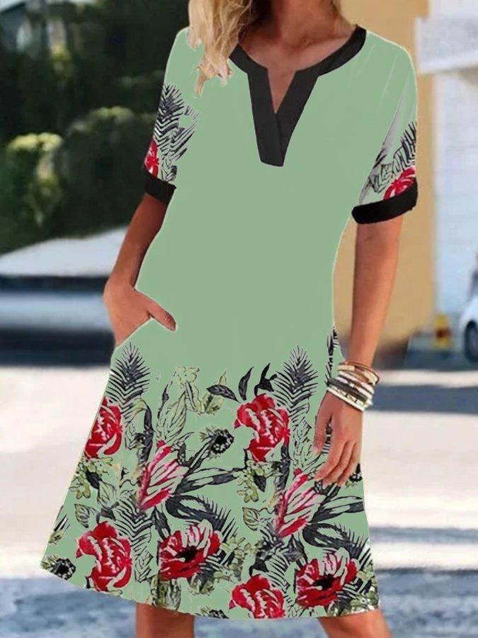 V-Neck Short Sleeve Border Floral Print Pocket Shift Knee Length Dress 3