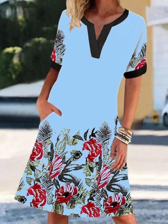 V-Neck Short Sleeve Border Floral Print Pocket Shift Knee Length Dress 2