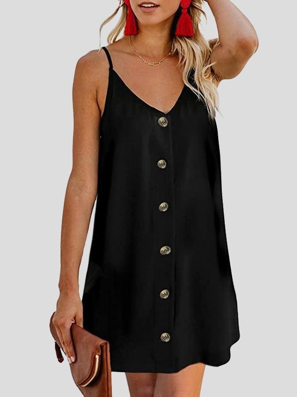 Deep V Spaghetti Strap Button-Front Shift Mini Dress