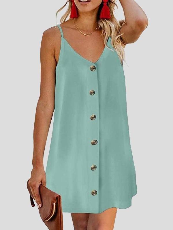 Deep V Spaghetti Strap Button-Front Shift Mini Dress 10
