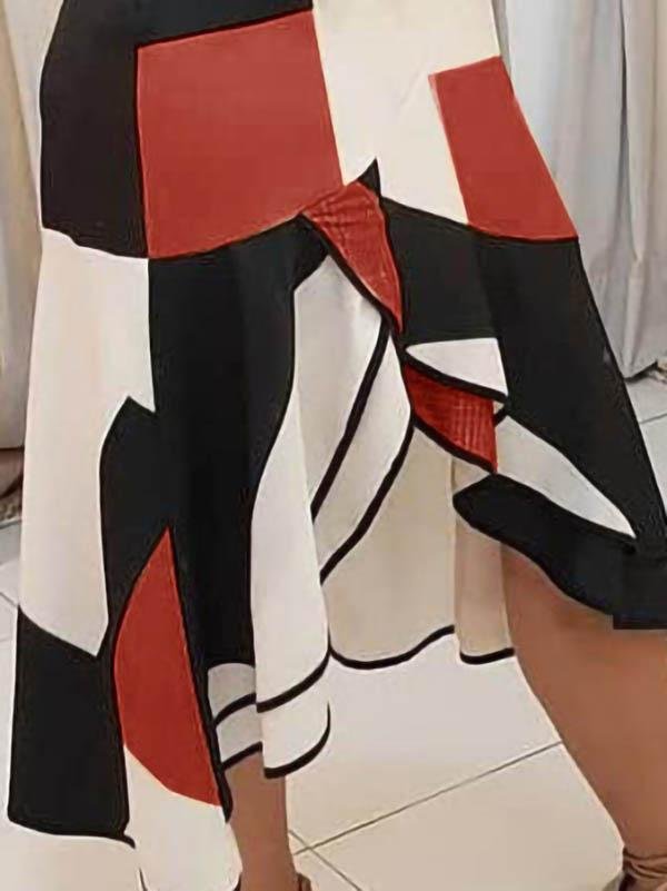 Deep V-Neck Tank Geometric Color Block Sash Tie Asymmetric Ruffle Hem Midi Dress 9