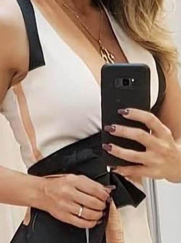 Deep V-Neck Tank Geometric Color Block Sash Tie Asymmetric Ruffle Hem Midi Dress 2