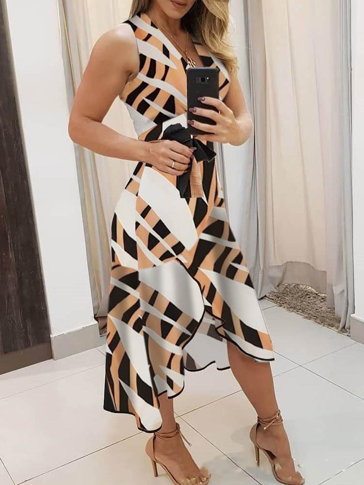 Deep V-Neck Tank Geometric Color Block Sash Tie Asymmetric Ruffle Hem Midi Dress 10