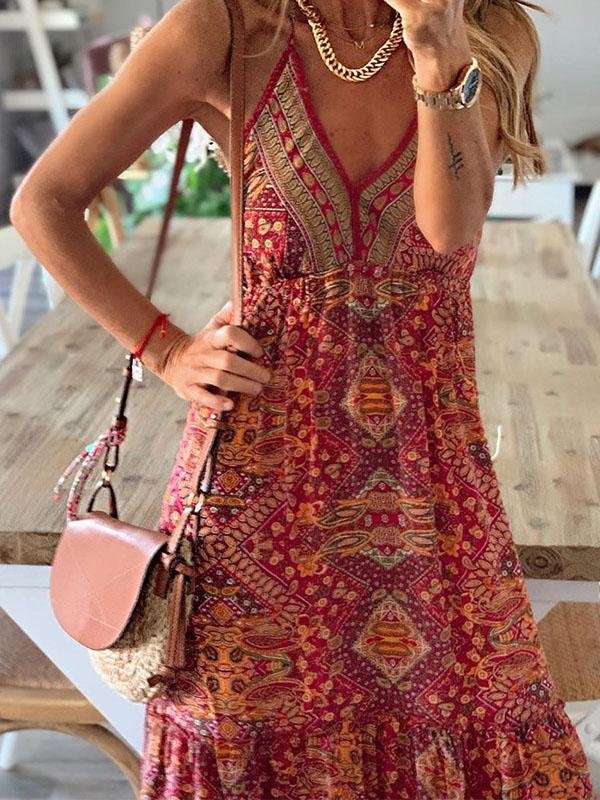 Halter Deep V-Neck Empire Waist Tiered Bohemian Print Maxi Dress 3