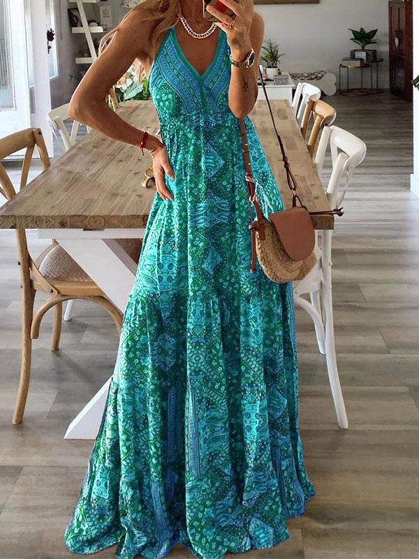 Halter Deep V-Neck Empire Waist Tiered Bohemian Print Maxi Dress 7