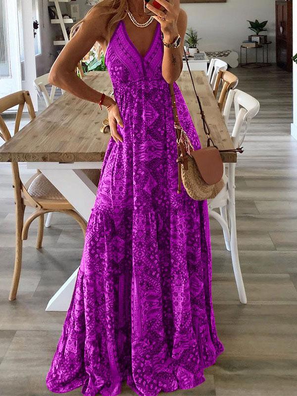 Halter Deep V-Neck Empire Waist Tiered Bohemian Print Maxi Dress 6