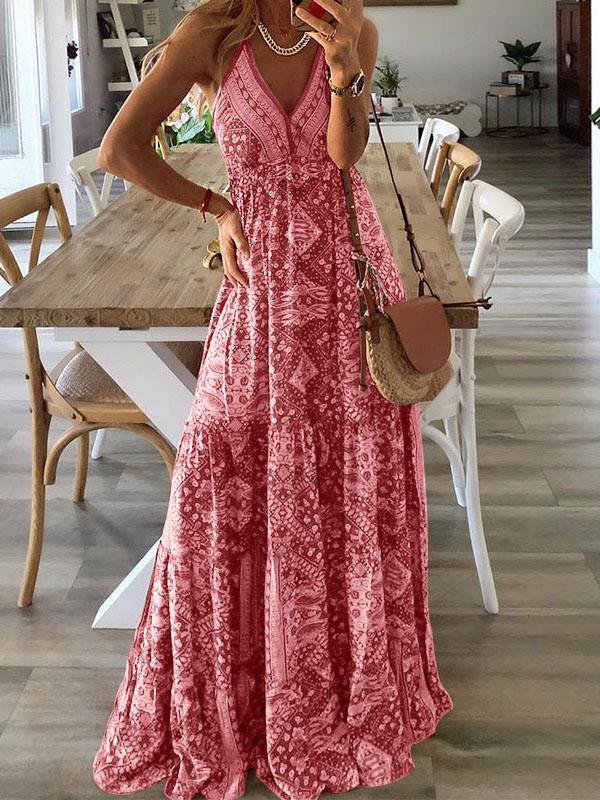 Halter Deep V-Neck Empire Waist Tiered Bohemian Print Maxi Dress 5