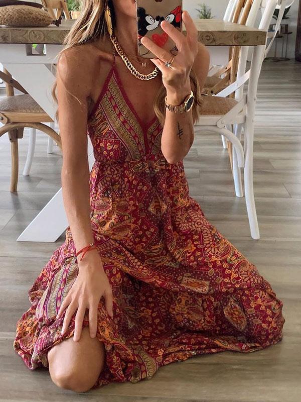 Halter Deep V-Neck Empire Waist Tiered Bohemian Print Maxi Dress 2