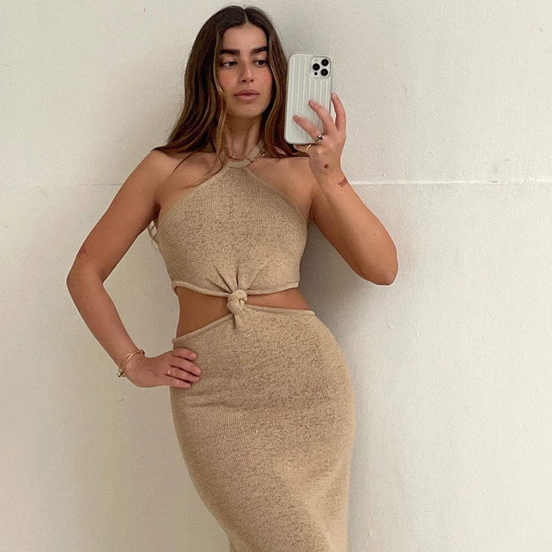 Halter Twist Front Side Cutout Rib Knit Bodycon Midi Dress 4