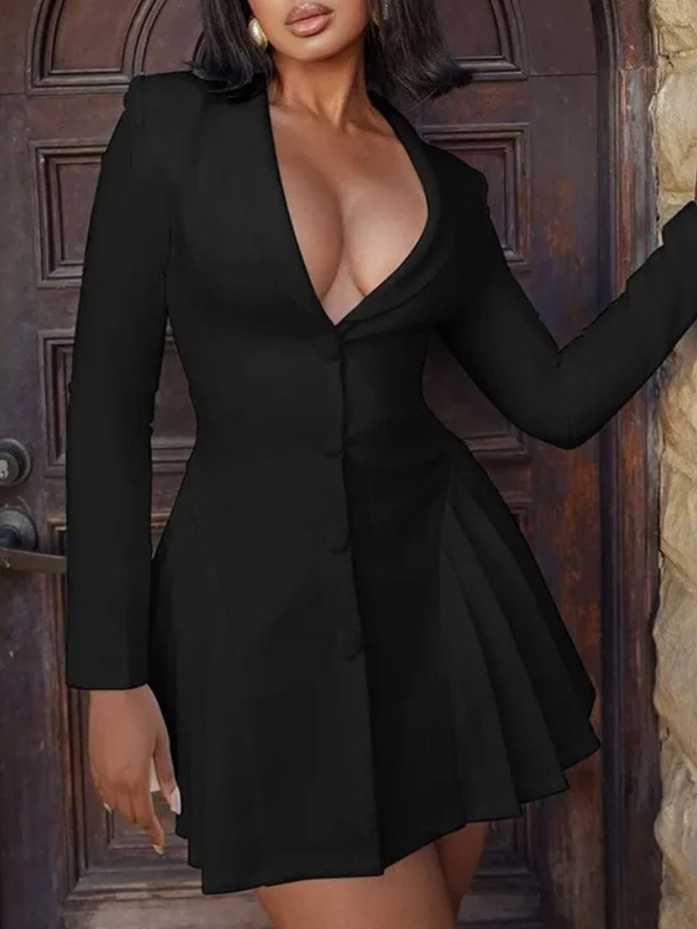 Single-Breasted Blazer Collar Deep V-Neck Pleated Ruffle Hem Mini Dress 10