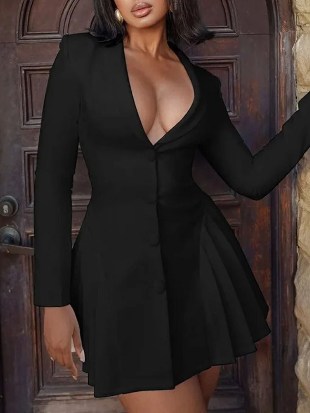 Single-Breasted Blazer Collar Deep V-Neck Pleated Ruffle Hem Mini Dress 9