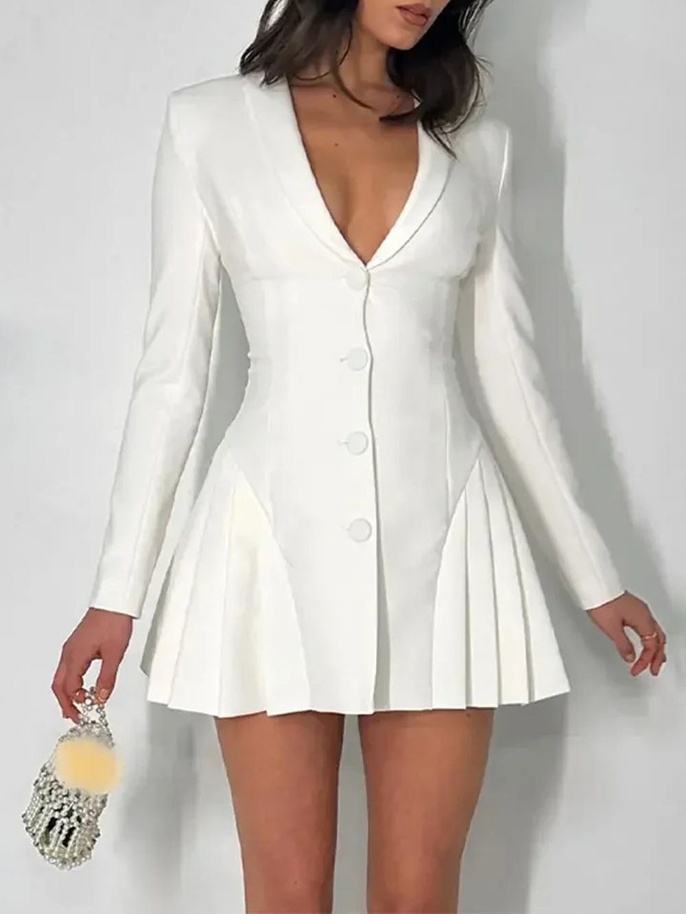 Single-Breasted Blazer Collar Deep V-Neck Pleated Ruffle Hem Mini Dress 7
